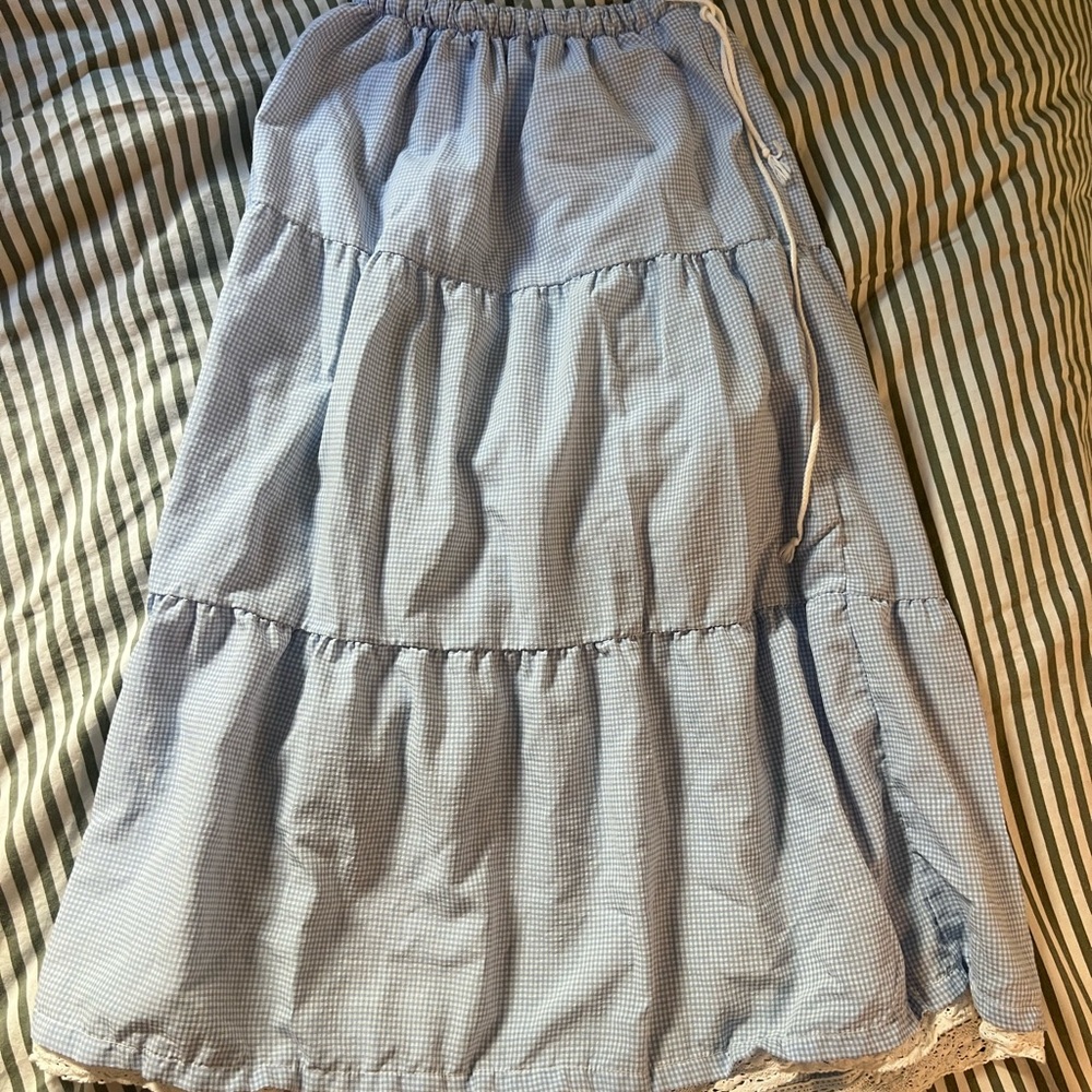 Blue Gingham Maxi Skirt w/ Lace Trim